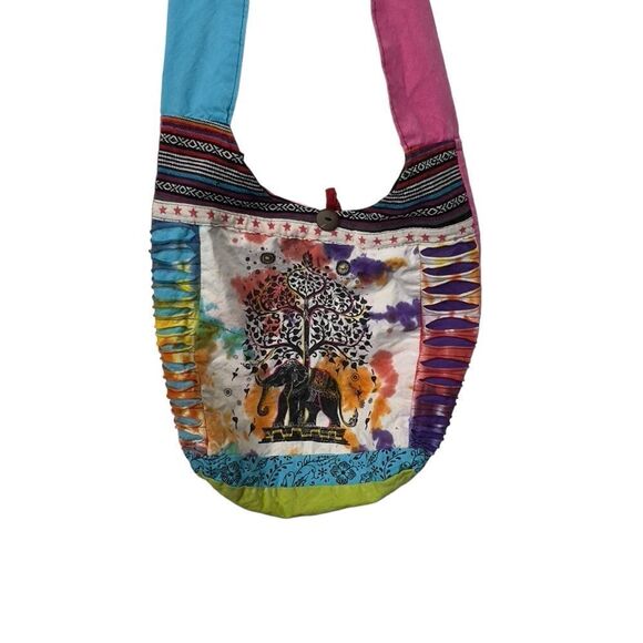 Y2k Boho Bohemian Hippie Shoulder Bag Peace elephant patch Made in Nepal cotton - Picture 3 of 16